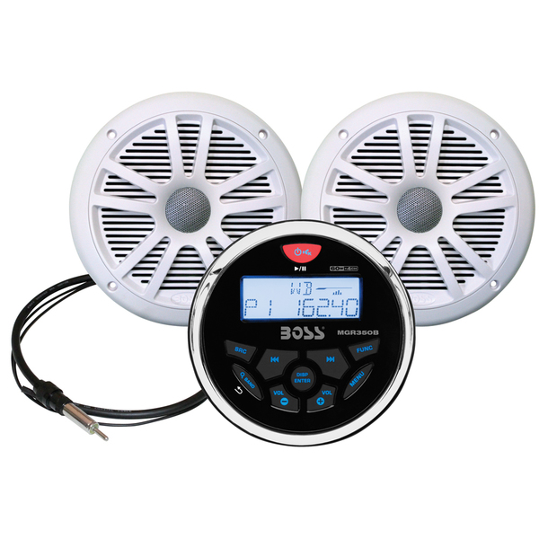 Boss Audio MCKGB350W.6 Combo-Marine Gauge Radio w/Antenna-2 6.5" Speakers-White MCKGB350W.6